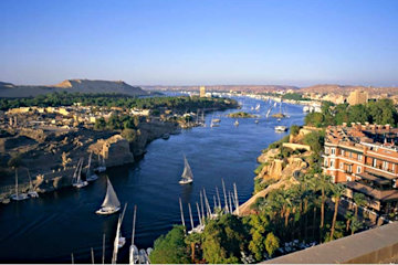 Looking north towards Aswan town, past Agatha Christie's Cataract Hotel.